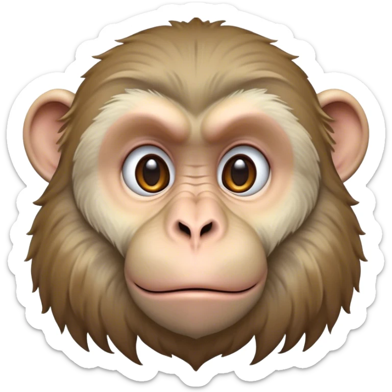 Cinematic Noble Macaque Portrait Emoji, Poised and regal, with a smart, agile build and expressive, deep-set eyes, adorned with soft, detailed fur and a dignified expression, Simplified yet sharp and sophisticated features, highly detailed, glowing with a soft, natural radiance, high shine, intelligent and commanding, stylized with an air of primate nobility, focused and alert, soft glowing outline, capturing the essence of a watchful and confident guardian that appears ready to leap out of the screen with effortless authority! sticker