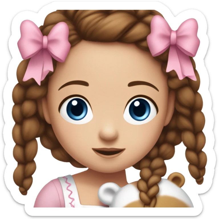 Little Girl with White skin, blue eyes. Long brown hair with two braids and two pink bows in it. She is wearing a pink and White dress, standing and holding on to a teddybear. sticker