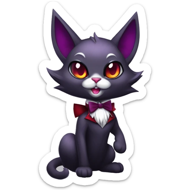 Anthro-Cute-Edgy-Vampiric-Batty-Cat-Black-Purple-Red-Grey-White-Yellow-Contrast-Colors-Fantasy-Fur-Sona-Chibi-Shiny-Fakémon-Hybrid with horns and big fangs collar bow ties leg spats full body sticker