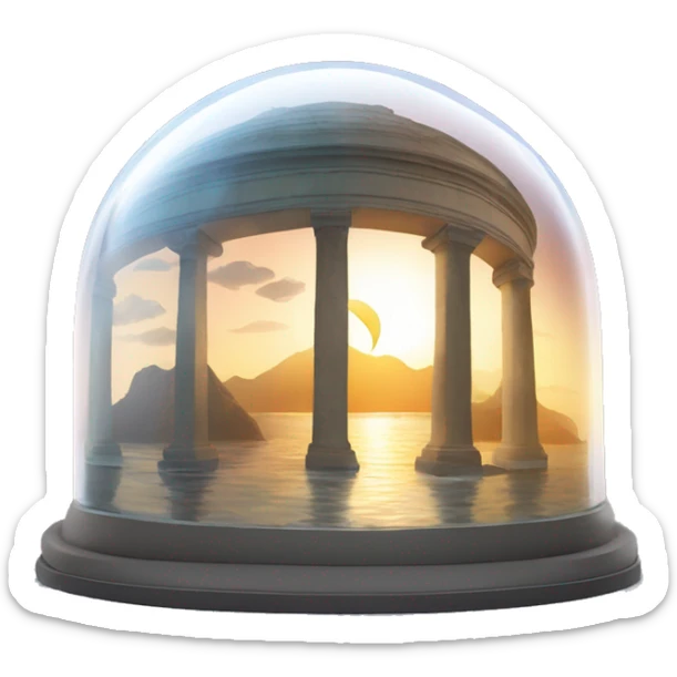 Semi-circular glass dome with the sun and moon inside and land and water on the bottom sticker