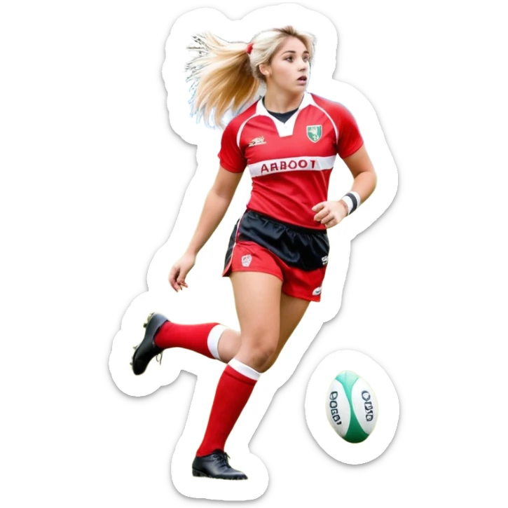 Chica de pelo rubio tirada en el suelo boca abajo agarrando un balón DE RUGBY con las manos vestida con una equipación de color rojo y blanco con líneas, manchada de barro y con unas botas de tacos de fútbol, con un bucal en la boca y el pelo con trenzas, se la tienen que ver las 2 piernas  sticker