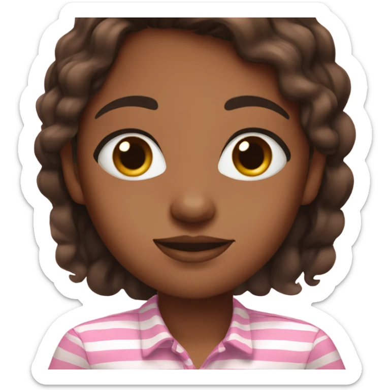 Brown girl with brown eyes, medium hair, black pupils and a pink and brown striped shirt sticker