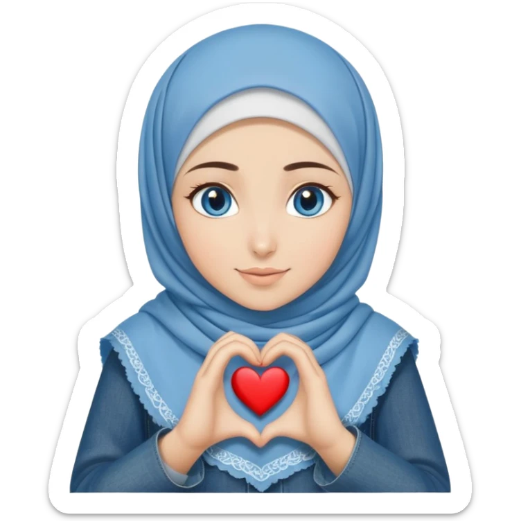 Turkish beautiful finish Konya girl blue eyes with denim hijab islamic dress and making heart with hands and with thank you text sticker