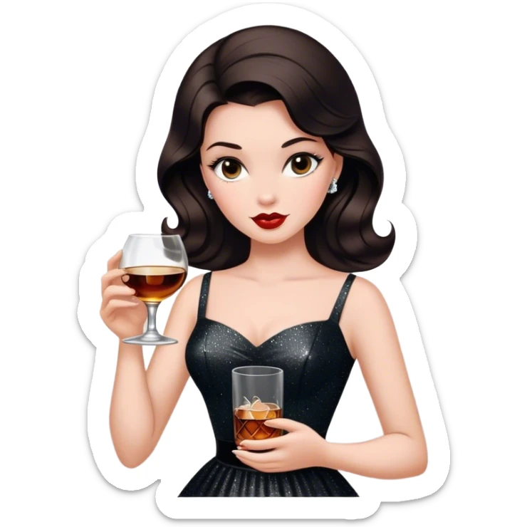 Beautiful woman in 1950’s woman fashion look, black shimmery dress, long dark brown hair, whisky with ice sticker