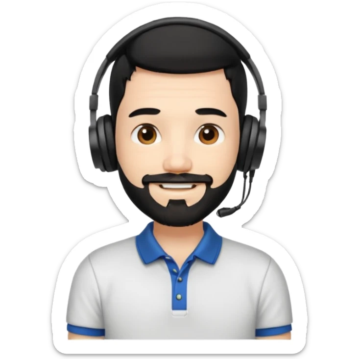 black and  hair with beard and headphones white skin male and nice polo shirt hair short on side sticker