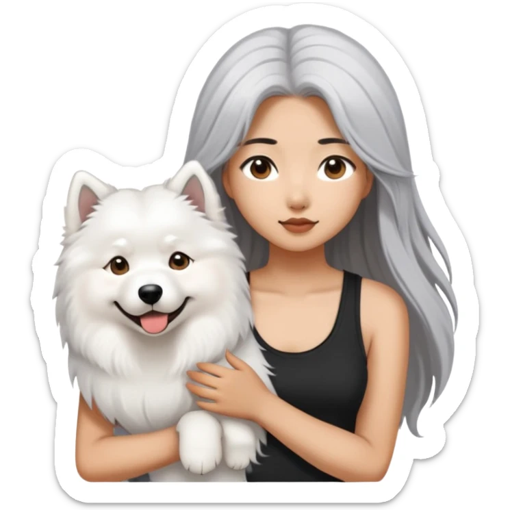  asiatic girl in the black tank top with long gray  hair and a samoyed sticker