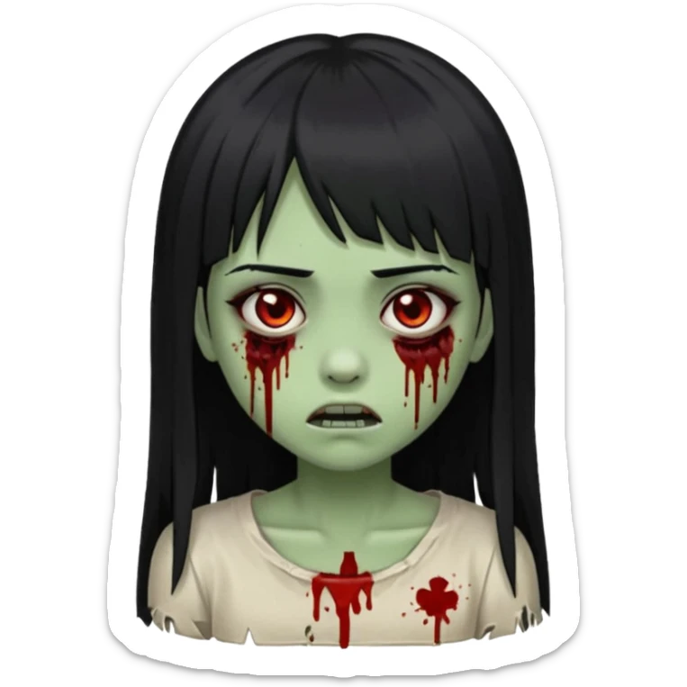Emoji de uma garota com os cabelos longos, lisos e pretos. Ela usa uma franja curta que cobre toda a sua testa. Tem a pele esverdeada e ferimentos no rosto cobertos com sangue, usa uma blusa branca rasgada e suja de poeira. Ela é uma zumbi sticker