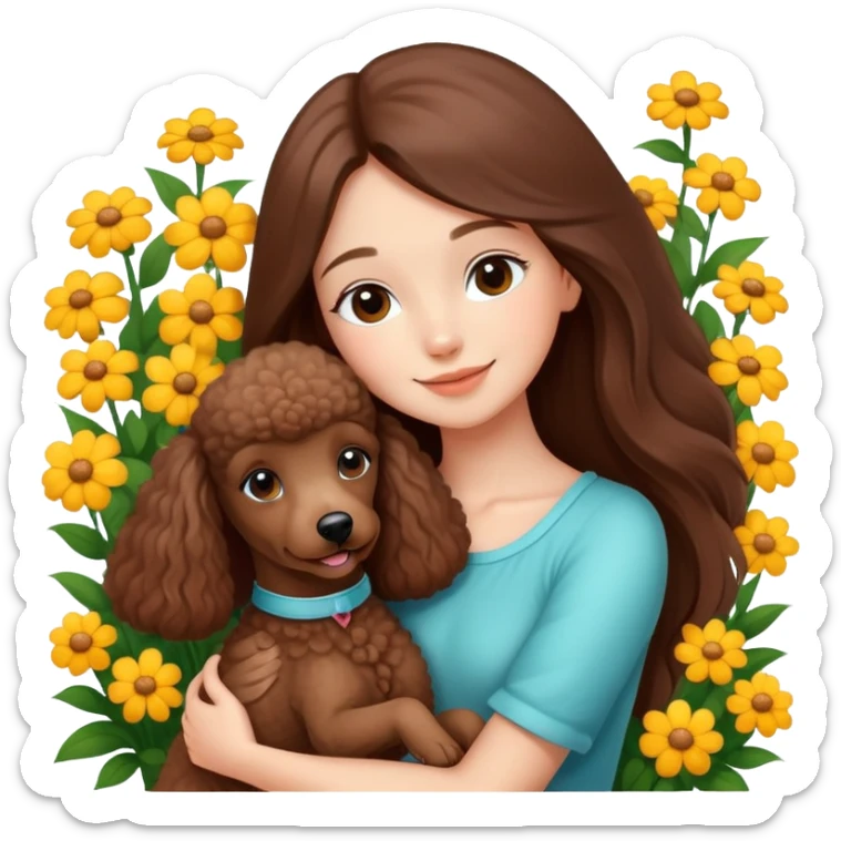 A beautiful girl with long straight hair happily hugs a brown poodle in the flowers sticker