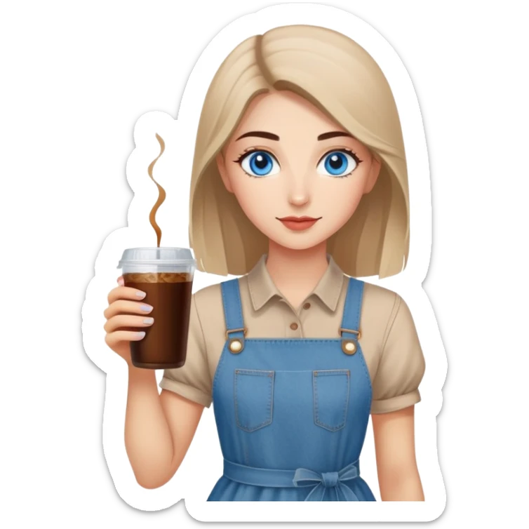 Turkish beautiful finish Konya girl blue eyes with beige denim dress and had on her hand Rose Cold brew coffee   sticker