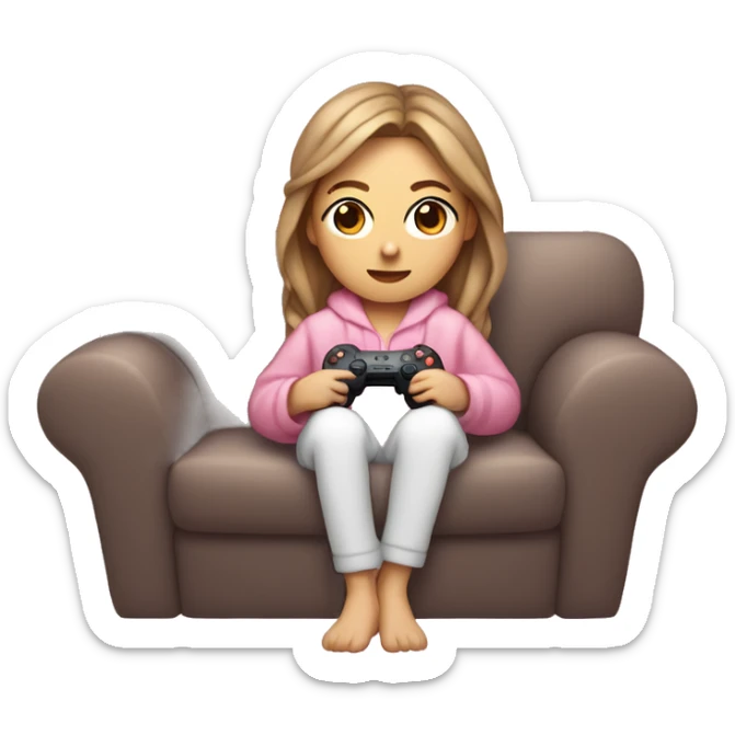 White girl with light brown hair wrapped up in a blanket sitting on a couch with a pink gaming controller in her hands sticker