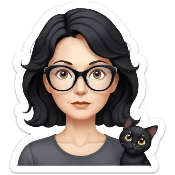 white woman about 50 years old with light warm skin, wavy black hair to the neck, neutral determined expression, large black shiny butterfly or cat-eye glasses, white casual t-shirt, calm and creative energy sticker