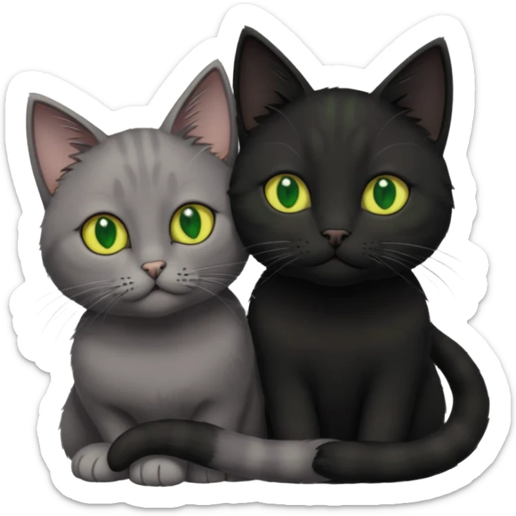 1 grey cat with green eyes and 1 black with yellow/green eyes cat cuddling sticker