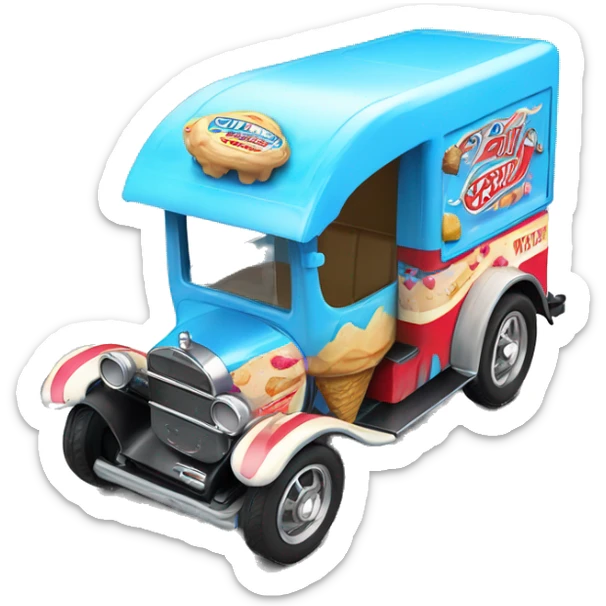 Hot wheels style, ice cream truck from 1917 with wide mag wheels, blue sticker
