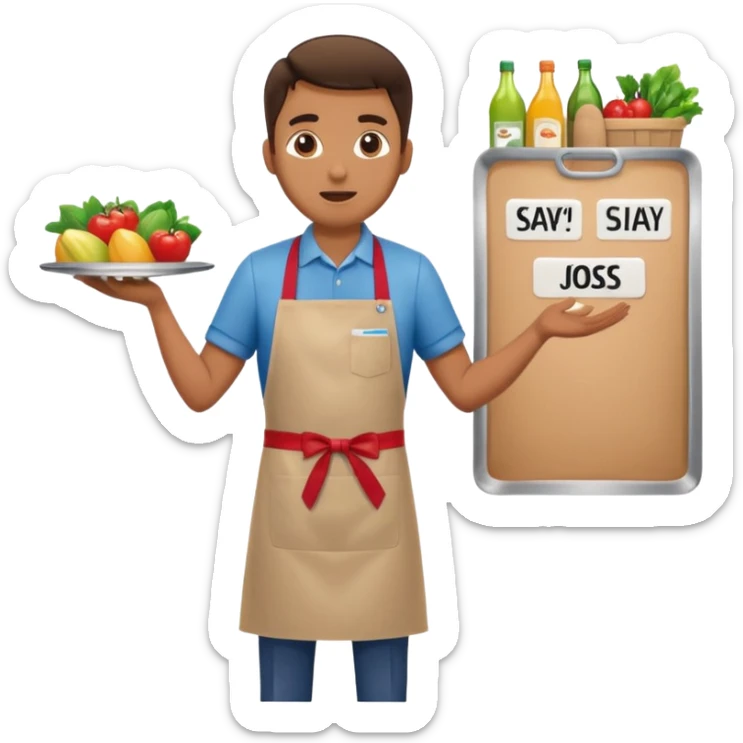 Supermarket employee at a cash register, full body, serving a man surprised sticker