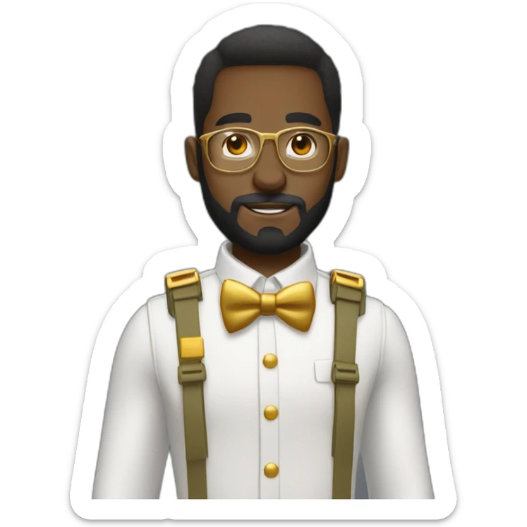 black soldier with beard, part in hair, white collared shirt, bow tie, gold glasses, bulletproof vest  sticker