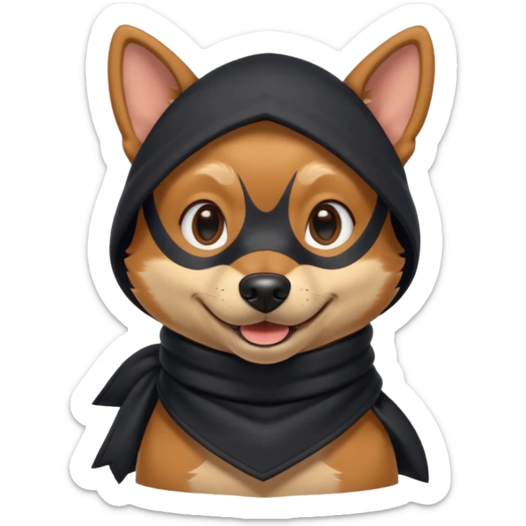 thief dog portrait, head and shoulders only, playful sneaky look, burglar scarf collar, mischievous smile, 3D cartoon, mobile game icon style, clean background, no text, no watermark
 sticker