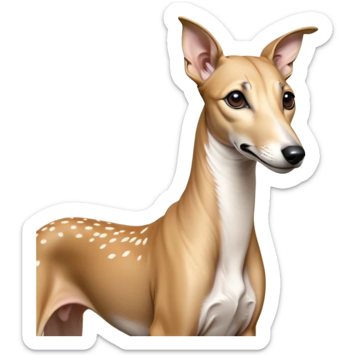 Cinematic Noble Fawn Greyhound Portrait Emoji, Poised and regal, with a slender, aerodynamic build and a smooth, elegant fawn Fur, deep-set soulful eyes, Simplified yet sharp and sophisticated features, highly detailed, glowing with a soft, dignified glow, high shine, intelligent and agile, stylized with an air of grace, focused and attentive, soft glowing outline, capturing the essence of a watchful and swift companion, so majestic it feels as though it could dash out of the screen with effortless authority! sticker