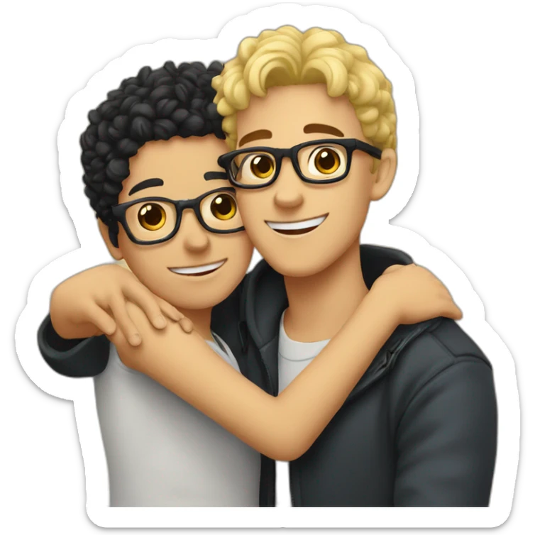boy with curly blonde hair and glasses hugging girl with black hair and glasses sticker