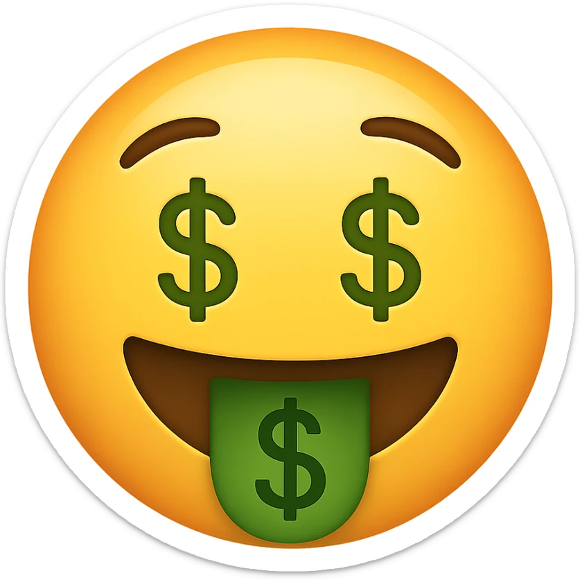 yellow face with money mouth emoji, digital illustration, no background sticker