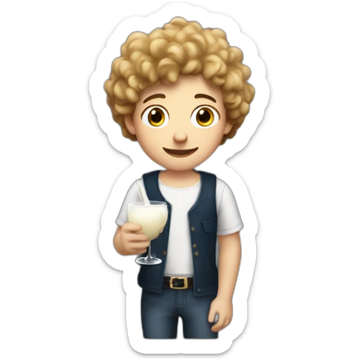 A pasty white teenage boy with black curly holding a wineglass of milk sticker