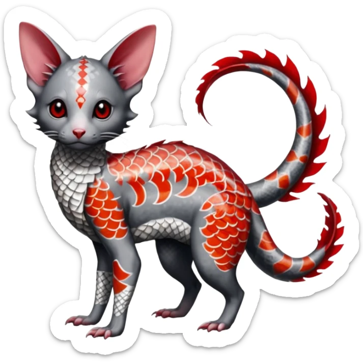 Edgy badass swimmy wet painted intricate ornate Japanese Asian koi-Minccino-Lykoi-Emolga-Sphynx-Linoone-Zangoose-fusion-hybrid-animal-Fakémon-creature, full body, thin long sleek scaly tail, intricate markings sticker