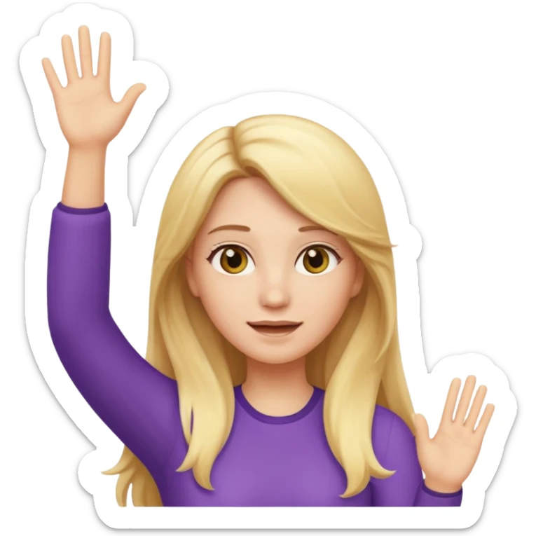I want a white female animated gif emoji with long blonde hair putting hands up in the air sticker