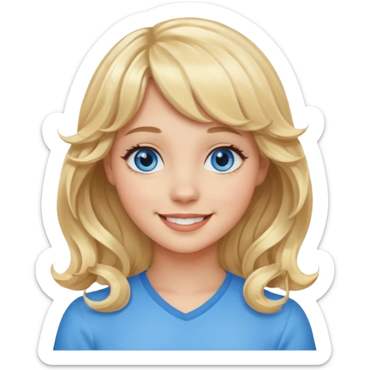 Please generate an image of a girl. She has blue eyes, blonde, wavy hair with bangs, and is smiling. sticker