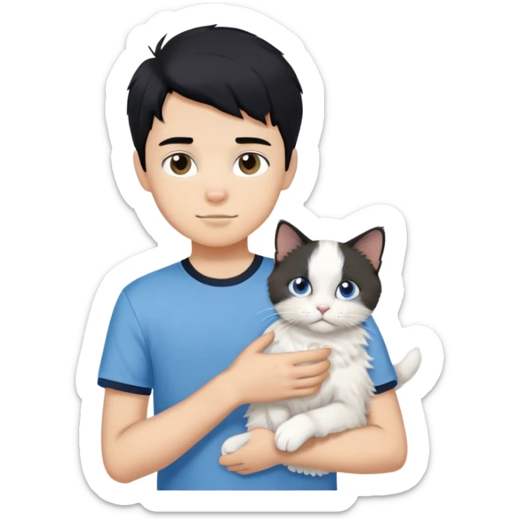 teenage boy with black hair wearing blue short sleeve shirt holding a white ragdoll cat sticker