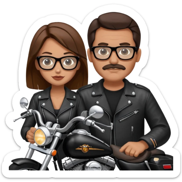 Un couple de biker sur une harley road king noire, l'homme no moustache et une paire de lunettes demetz ros21, la fille a des cheveux plus dans les tons chatain sticker