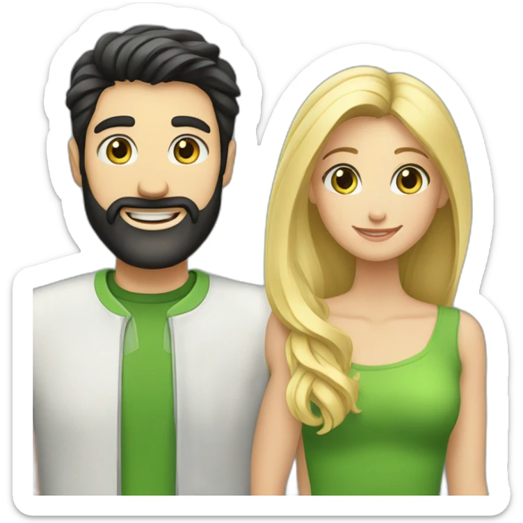 A happy couple, blond girl with blue eyes and black haired and bearded man with green eyes sticker