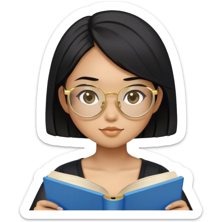 pretty asian girl sitting reading a blue book black top gold glasses black hair sticker