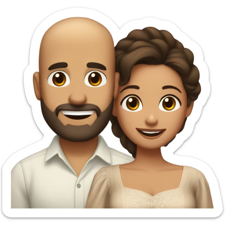 Brown-haired Puerto Rican woman with dark brown eyes wearing a cute blouse giving comforting hug to short, bald man with brown eyes, laugh lines, and a beard sticker