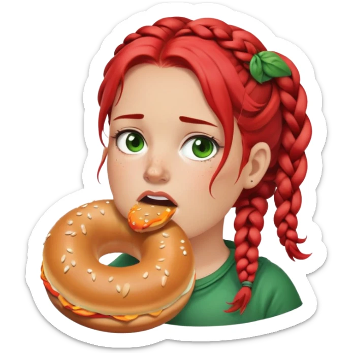 Fat white girl with red braids and acne eating a bagel with a green smoke around her with flies sticker