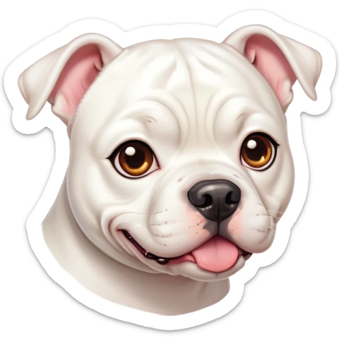 Cinematic Cute White American Bulldog Portrait Emoji, Head tilted playfully and inquisitively, smooth white fur with a healthy sheen, round, sparkling brown eyes filled with curiosity, Simplified yet irresistibly adorable features, highly detailed, glowing with a warm, friendly glow, high shine, affectionate and lively, stylized with a touch of whimsy, bright and endearing, soft glowing outline, capturing the essence of a mischievous yet loving pup, so playful it feels like it could bound out of the screen and into your arms! sticker