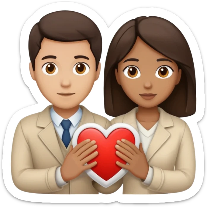 A couple with dark brown hair and mixed skin tone inside a white heart, both wearing beige clothes sticker