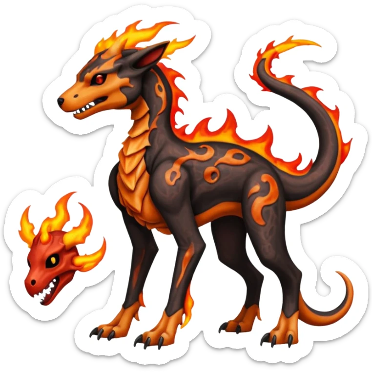 Skeletal Fiery Flaming Volcanic Draconic Cubone-Salandit-Houndoom-Houndour-Marowak-Poochyena-Litten-Fakémon-hybrid-creature (full body), 4 legs sticker