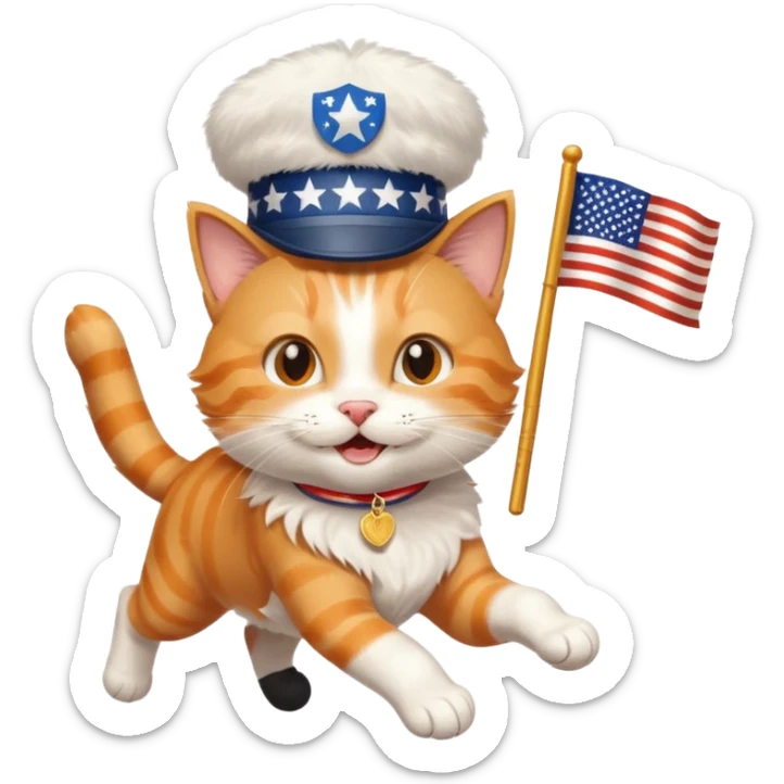 happy cat running for president with an "i voted" sticker and an american flag hat sticker