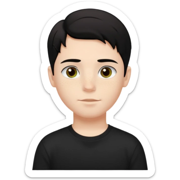 A beautiful boy with black hair and hazel green and brown eyes and white skin , with dark freckles and black t shirt with HAIRCUT: middle part hair hair with a center part haircut  sticker