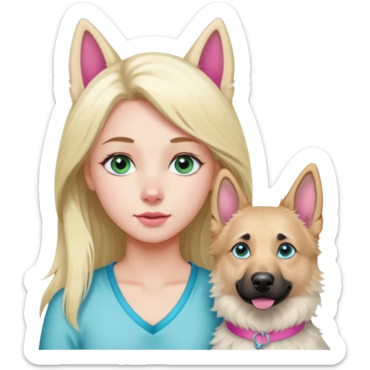 White European young woman with blue-green eyes and long blond hair with 1 pink streak in her hair with her white German Shepherd dog with pink nose and short fur sticker
