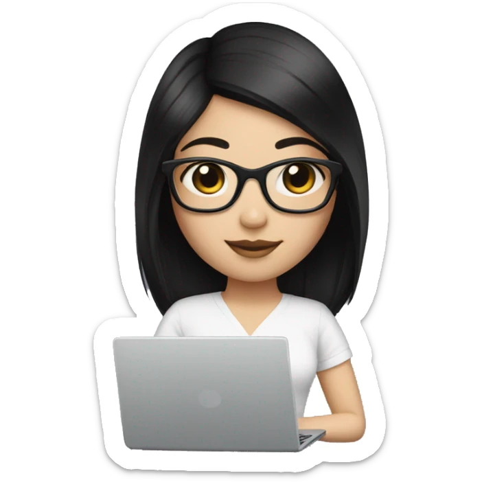Create me a girl with a square cut, black hair, and square glasses and white skin with a laptop sticker