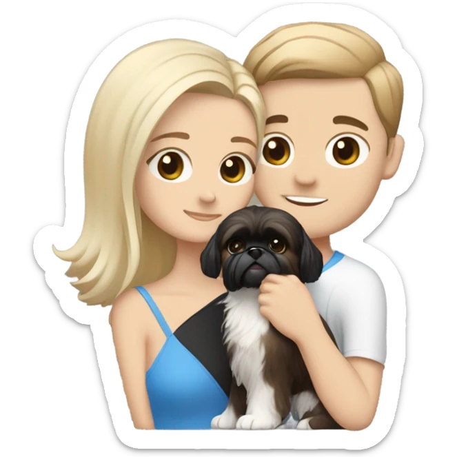 White man with blonde hair and blue eyes and woman with brown eyes and hair hugging with black and white shih tzu sticker