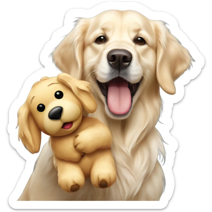 English cream golden retriever holding bear toy in mouth sticker