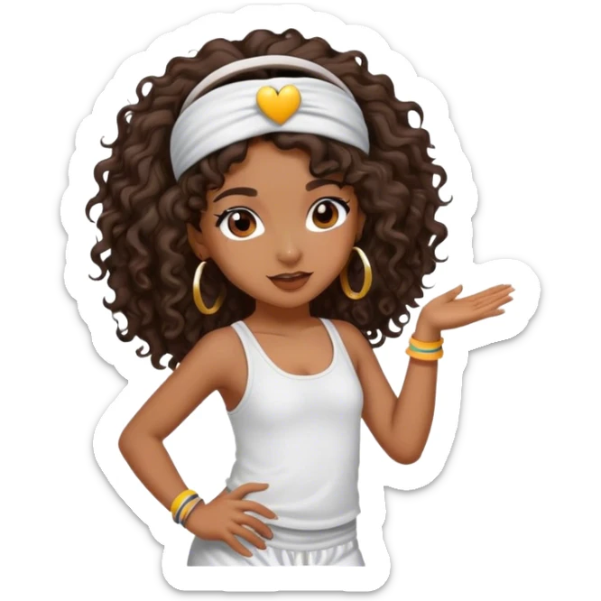 Dancing brown girl with long darn brown curly hair with headband hip hop sticker