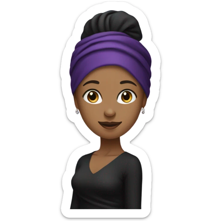 A beautiful young woman wearing a long, tight black dress with a purple headscarf sticker