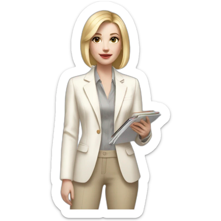 Full height pale skin woman with blonde Straightened bob Hair, White classical jacket, beige Arrow pants and gray blouse holding a color palette in the hands sticker