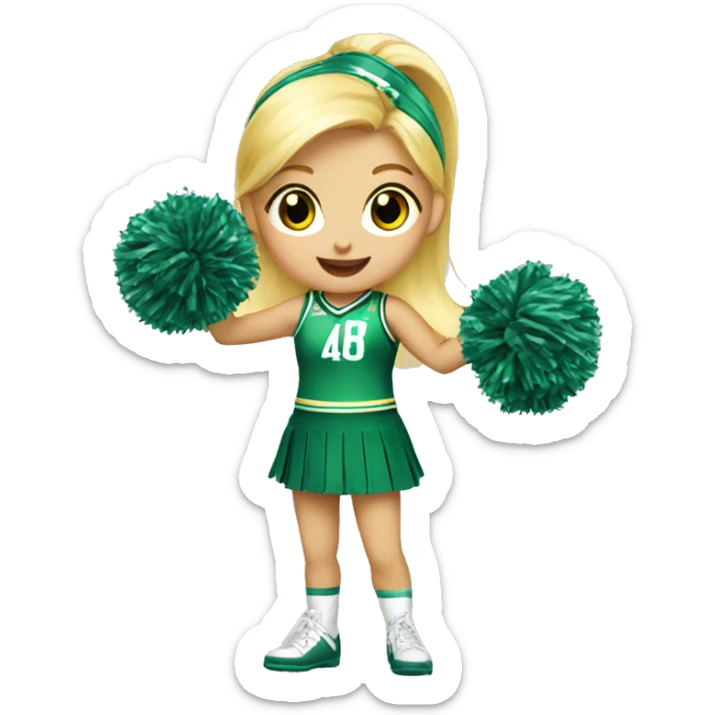 blonde hair, blue eyed girl Cheerleader cheering with green and yellow uniform and poms  sticker