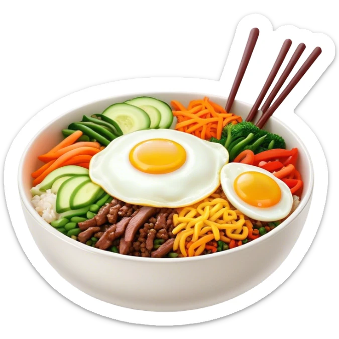 Cinematic Realistic Bibimbap Dish Emoji, showcasing a colorful bowl of mixed rice, assorted vegetables, beef, and a fried egg rendered with lifelike detail and vibrant, harmonious lighting. sticker