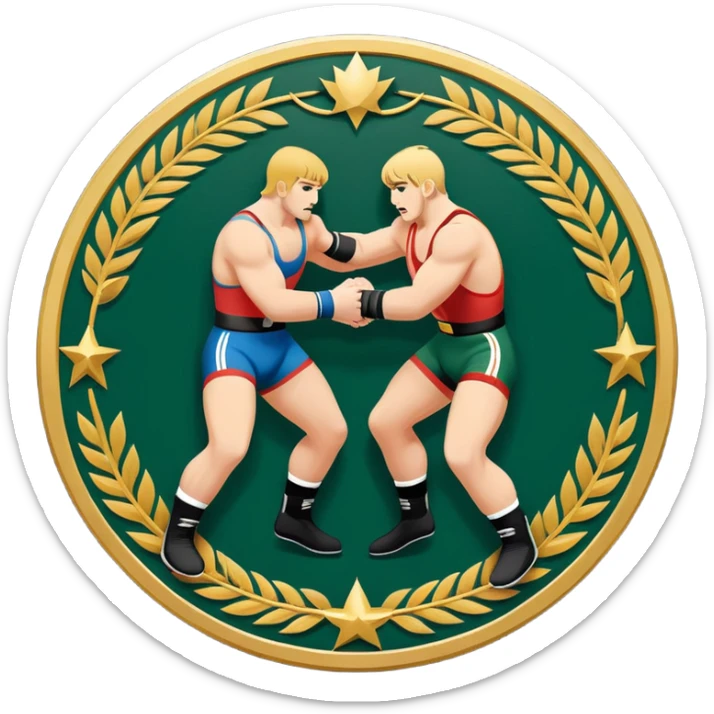 An icon symbolizing wrestling combat sports in the style of an emblem. The design features two wrestlers locked in a powerful grapple, one attempting to take the other down. Surrounding the scene are stylized elements like a championship belt, wrestling mat, and a laurel wreath.  sticker