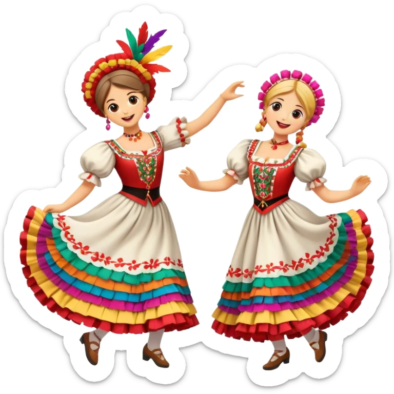Cinematic Realistic Mazurka Dance Emoji, depicted as a lively traditional Polish folk dance scene with colorful costumes and spirited movement, rendered with dynamic textures and vibrant festive lighting that captures its rhythmic energy. sticker