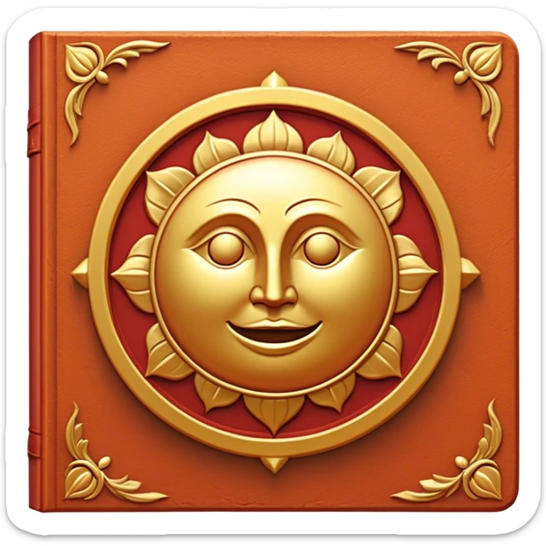 Un libro de cuero rojo terracota, con textura envejecida y bordes dorados desgastados. En la portada, un loto dorado en relieve, irradiando una aura cálida de sabiduría y transformación sticker